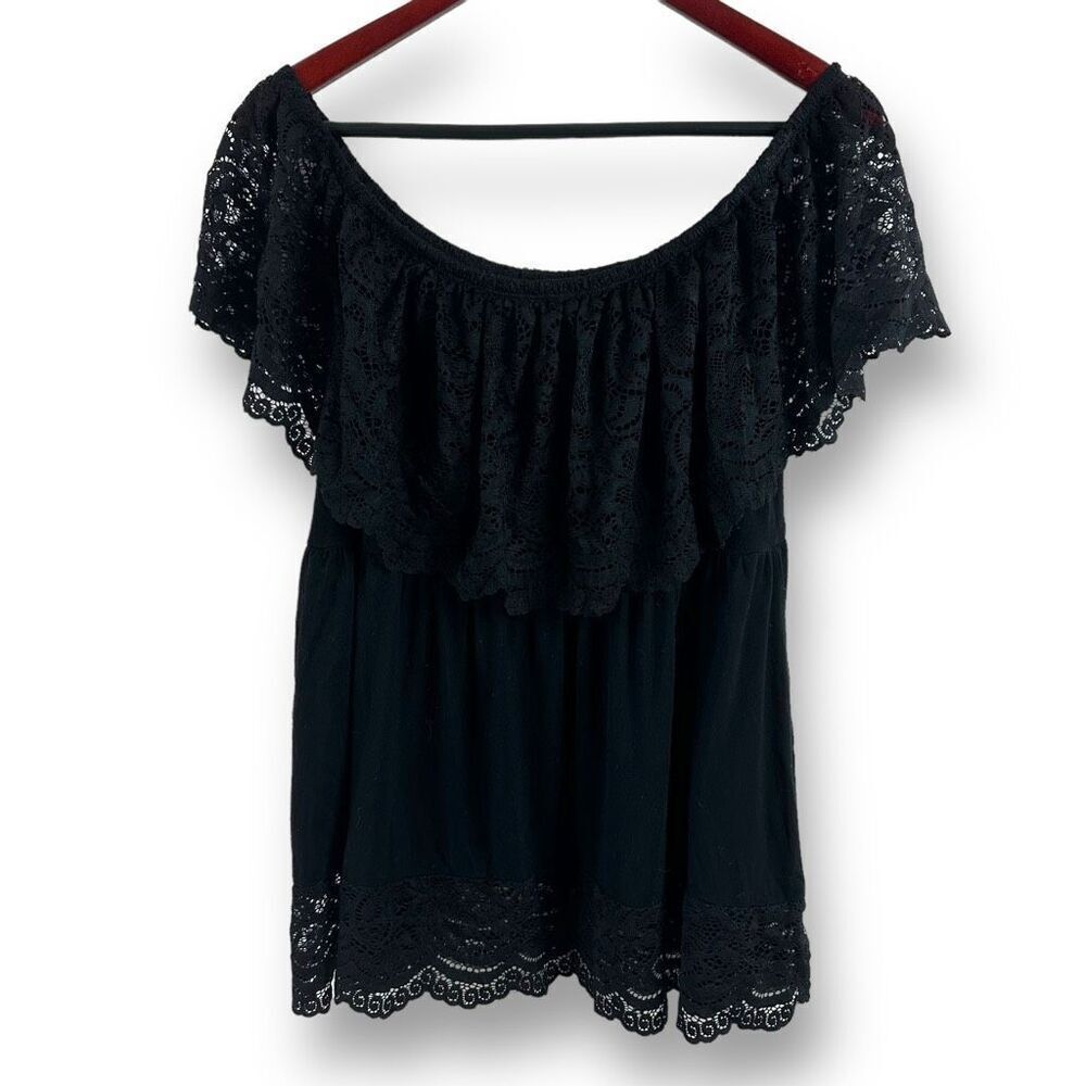 Torrid Plus 1X Super Soft Knit Off Shoulder Tiered Lace Blouse Black Office Goth